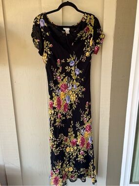 Floral Black Maxi Dress with Pink & Yellow Blooms